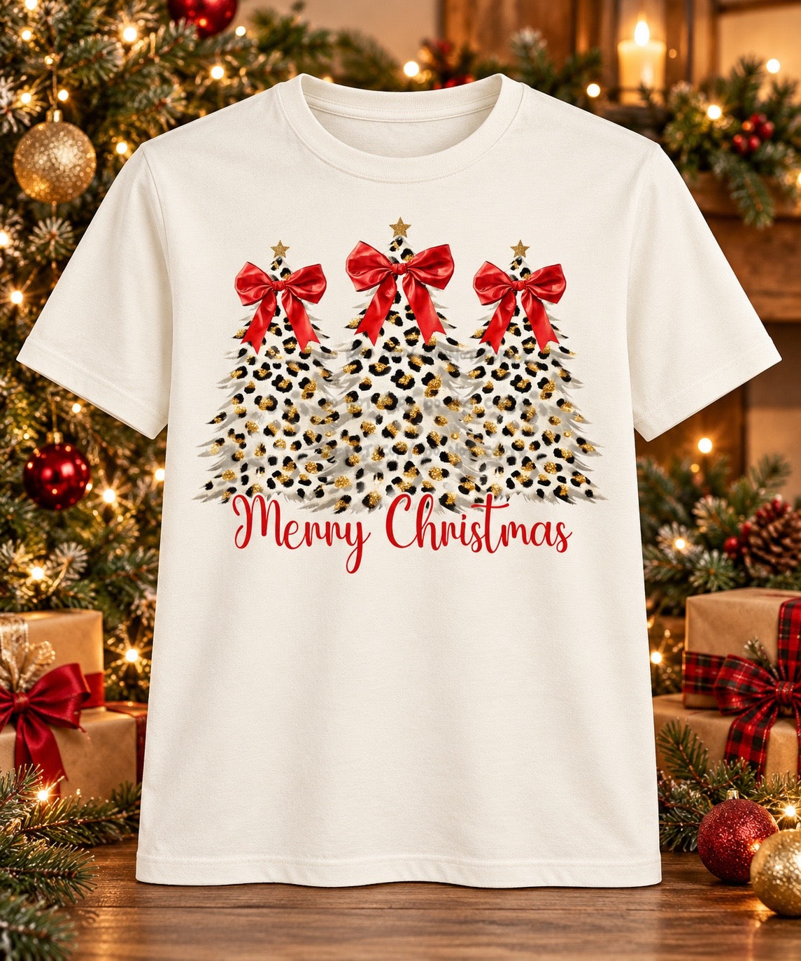 Leopard trio trees with red bows
Merry Christmas- DTF&UV