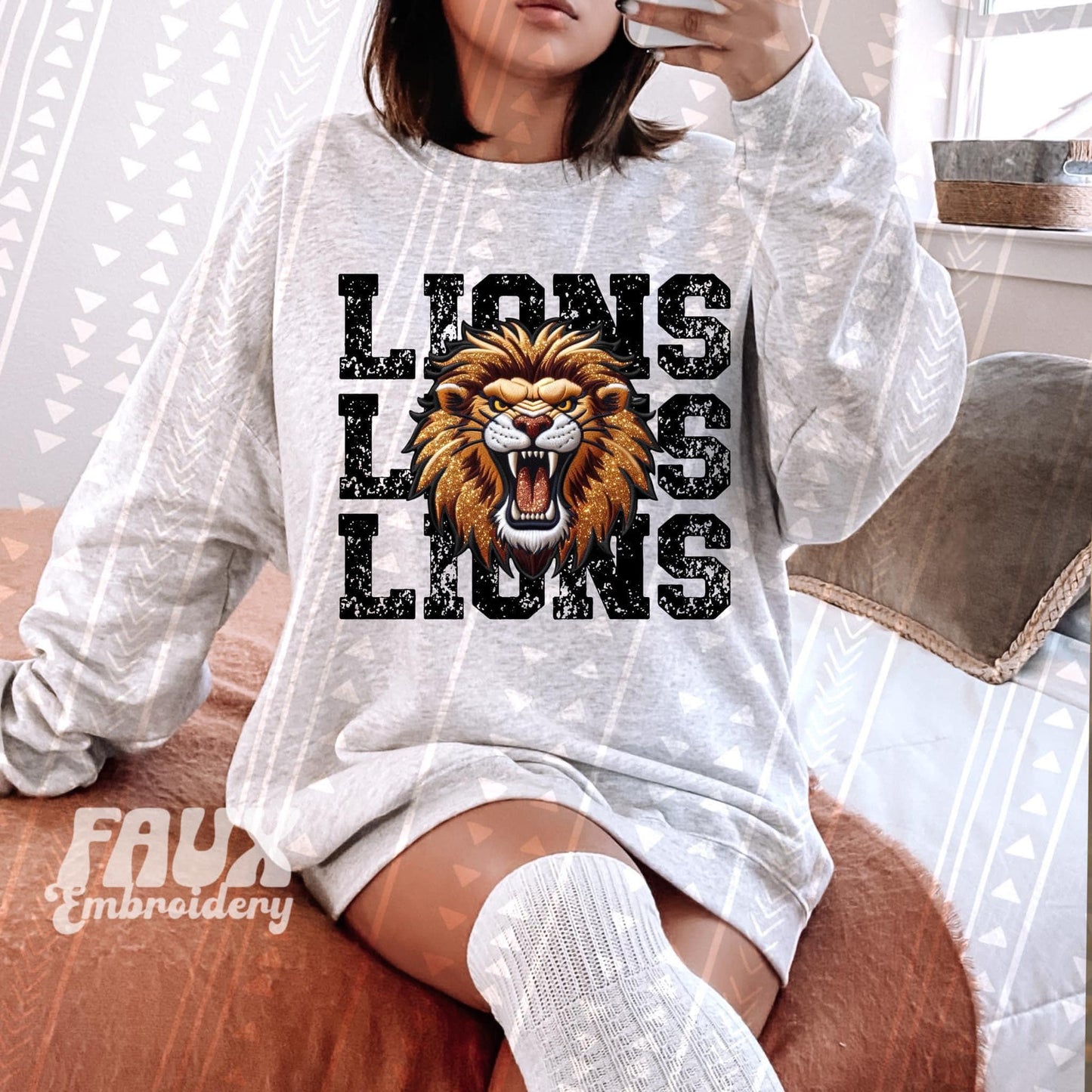 Lions Stacked Faux Embroidery Blk - DTF