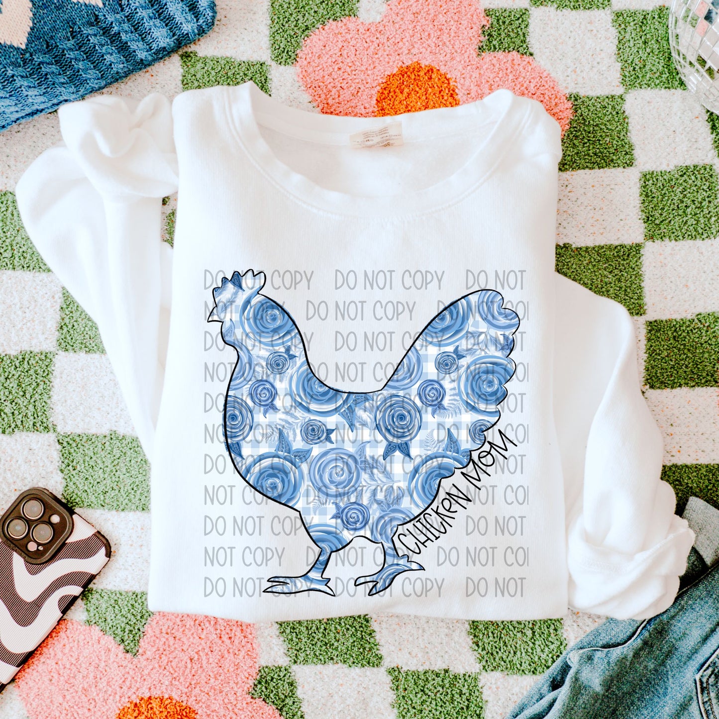 Chicken Mom Blue Floral-DTF
