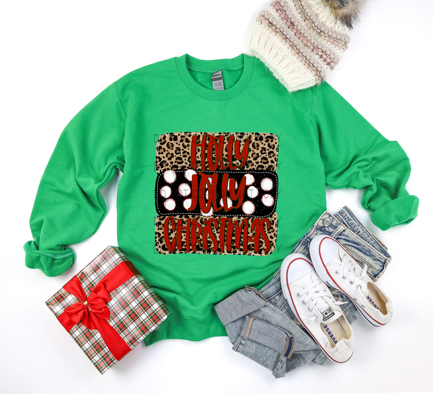 Holly Jolly Christmas Leopard With Green Outline - DTF