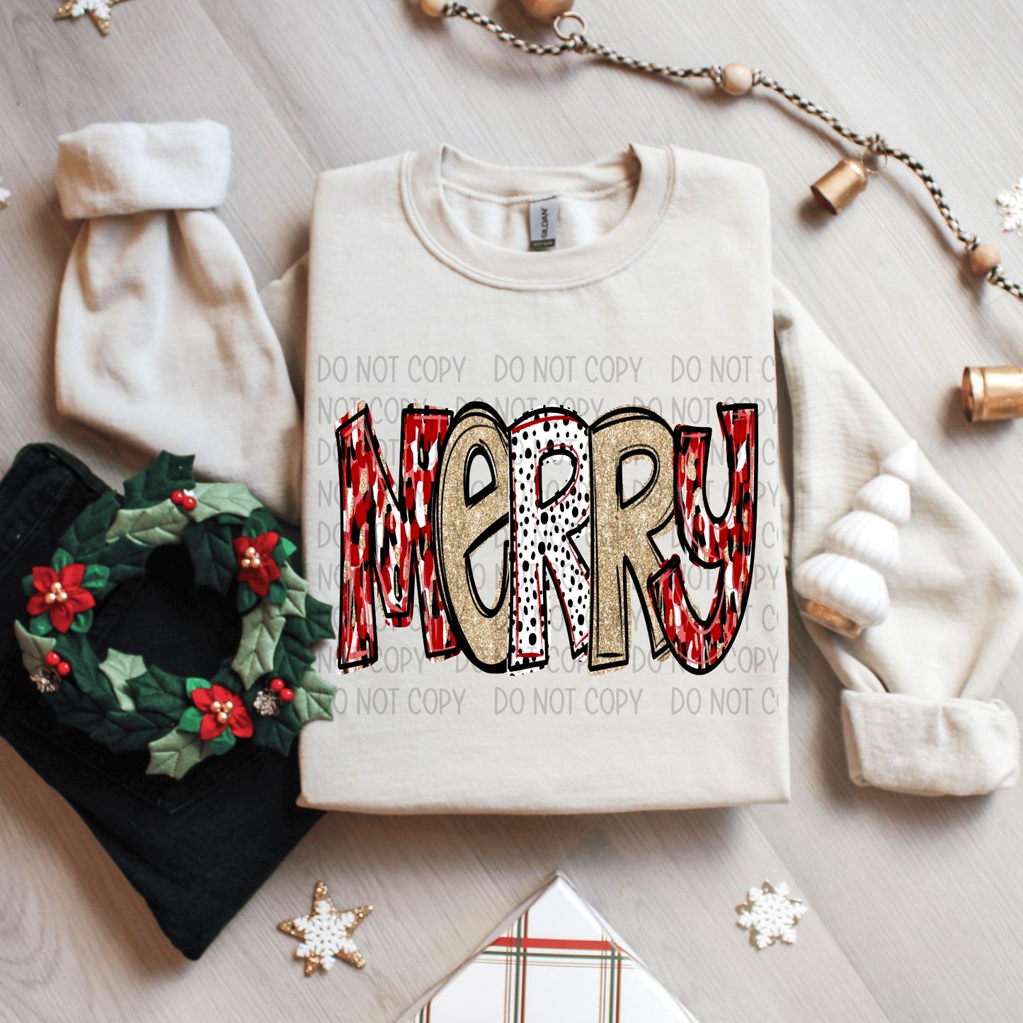 Merry Doodle M red black gold brushstroke-DTF