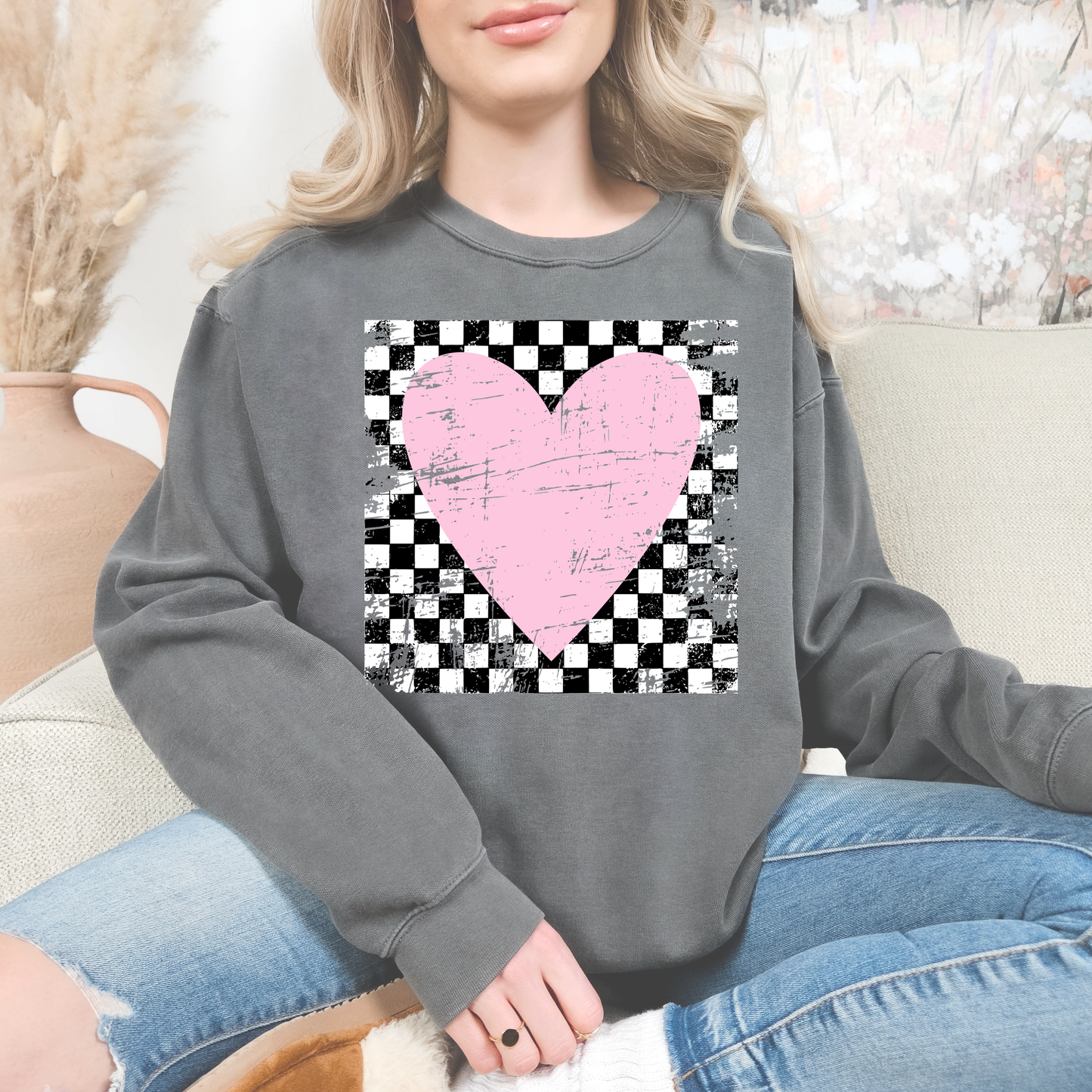 Pink heart distressed checkered back-DTF