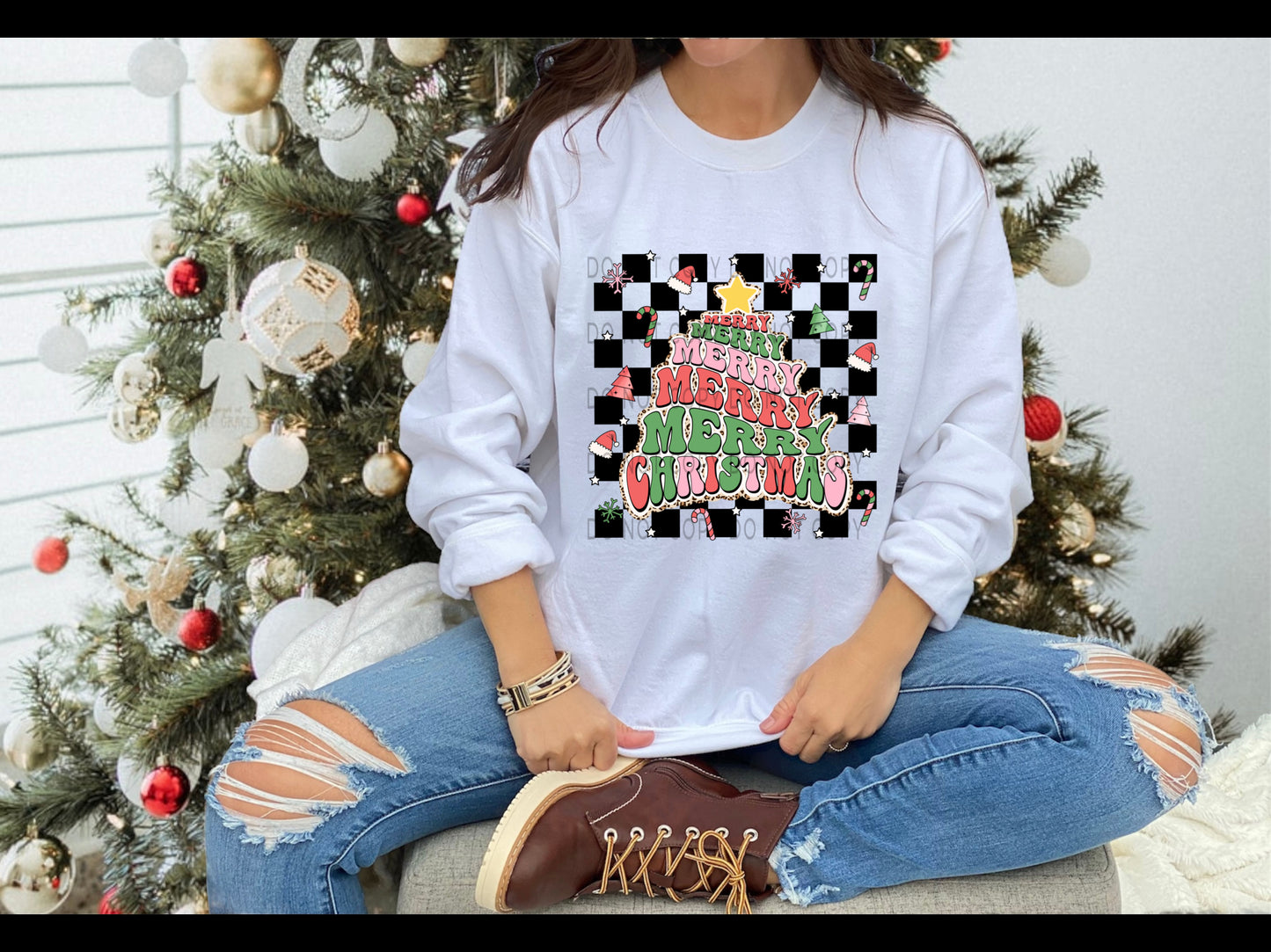 Merry Christmas Stacked Tree Checkered And Leopard - DTF