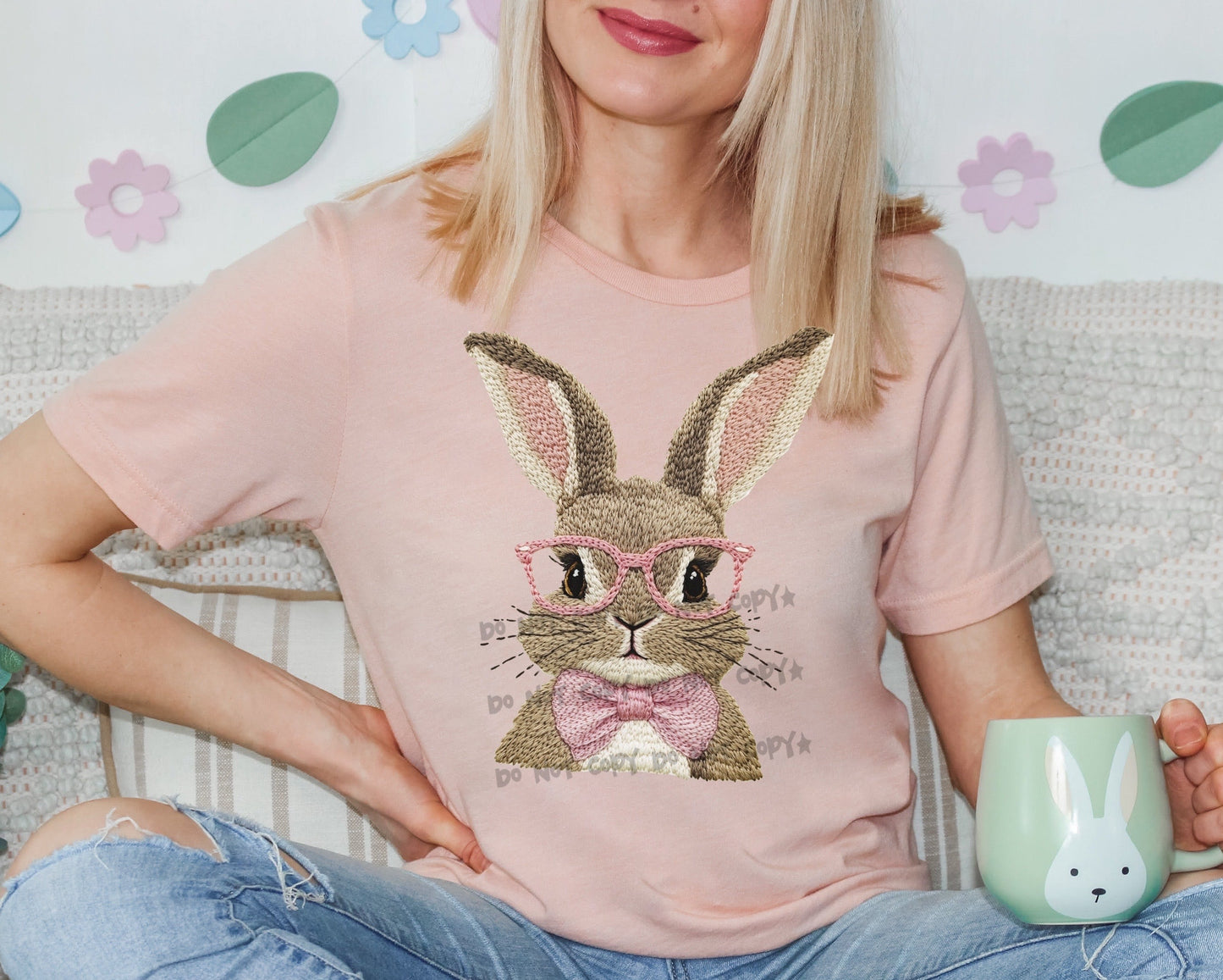 Bunny pink glasses and bow faux embroidery-DTF