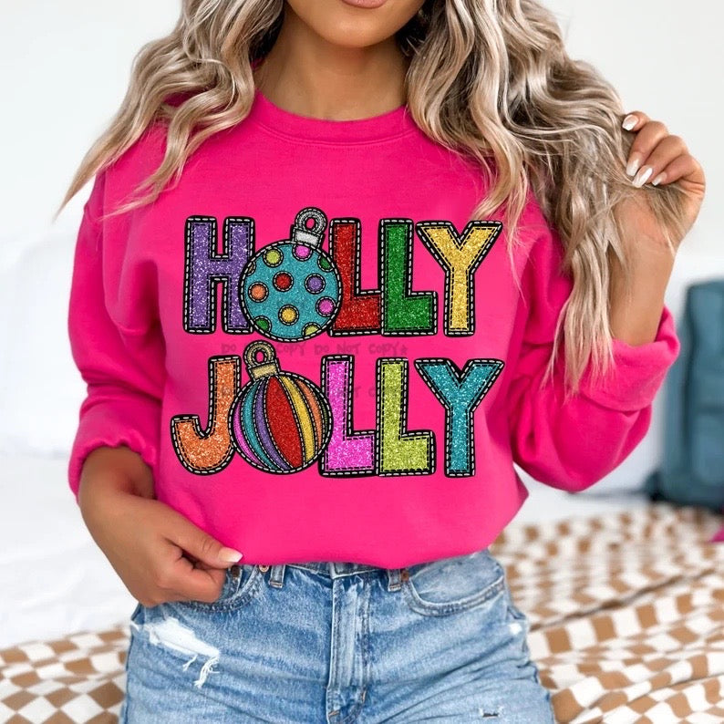 Holly Jolly colorful faux embroidery-DTF