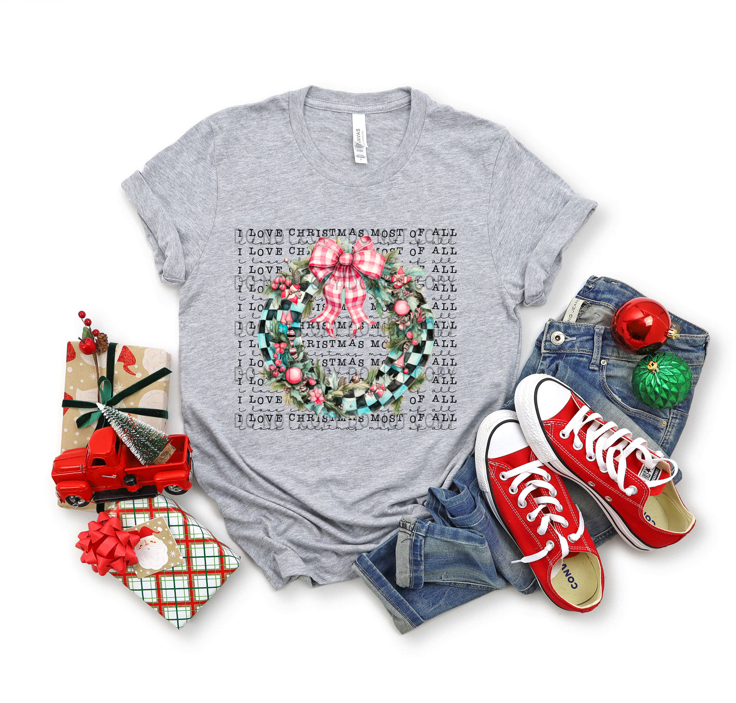 I Love Christmas Most Of All Checkered Pink Wreath -DTF