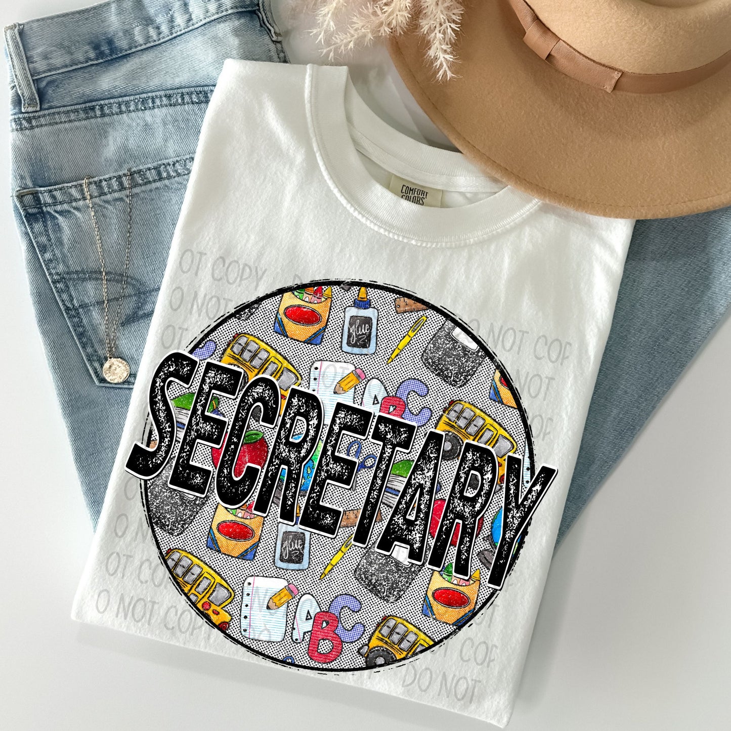 Secretary Distressed Circle With School Bus And Crayons - DTF