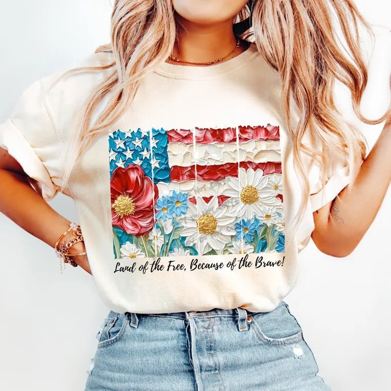 Land of the free because of the brave flag with flowers-DTF