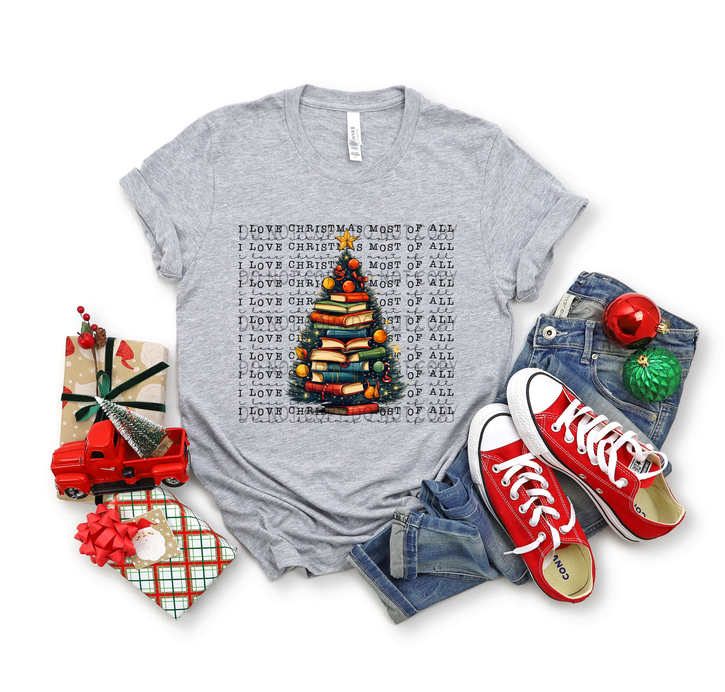 I Love Christmas Most Of All Stacked Books Tree -DTF