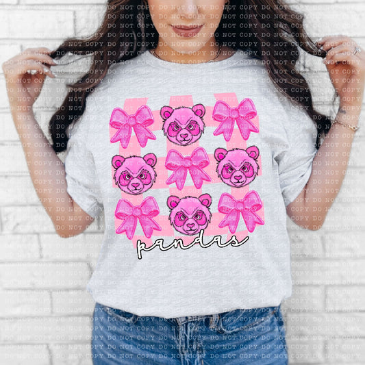 Pandas Coquette Checkered Faux Embroidery - DTF