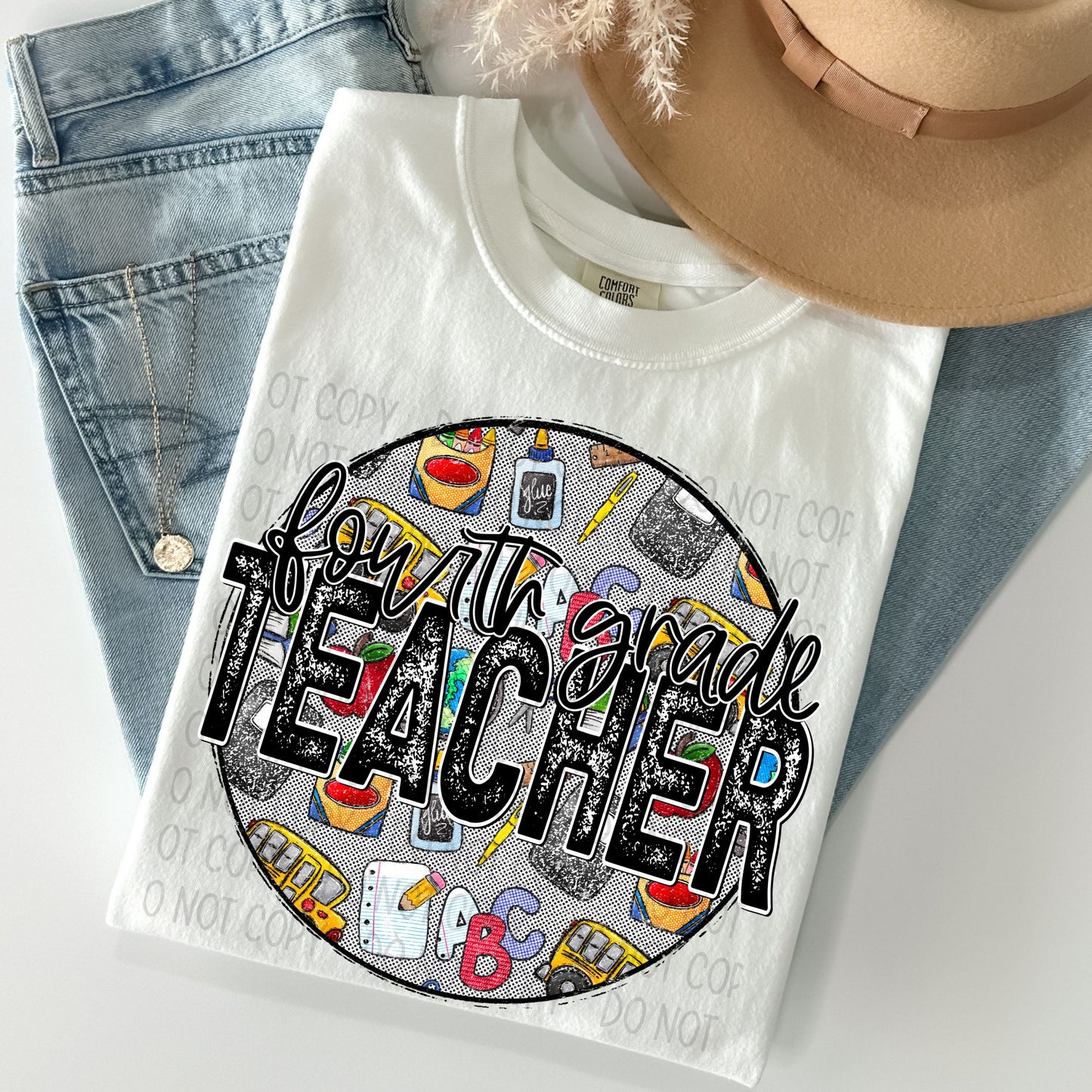 Fourth Grade Teacher Distressed Circle With School Bus And Crayons - DTF