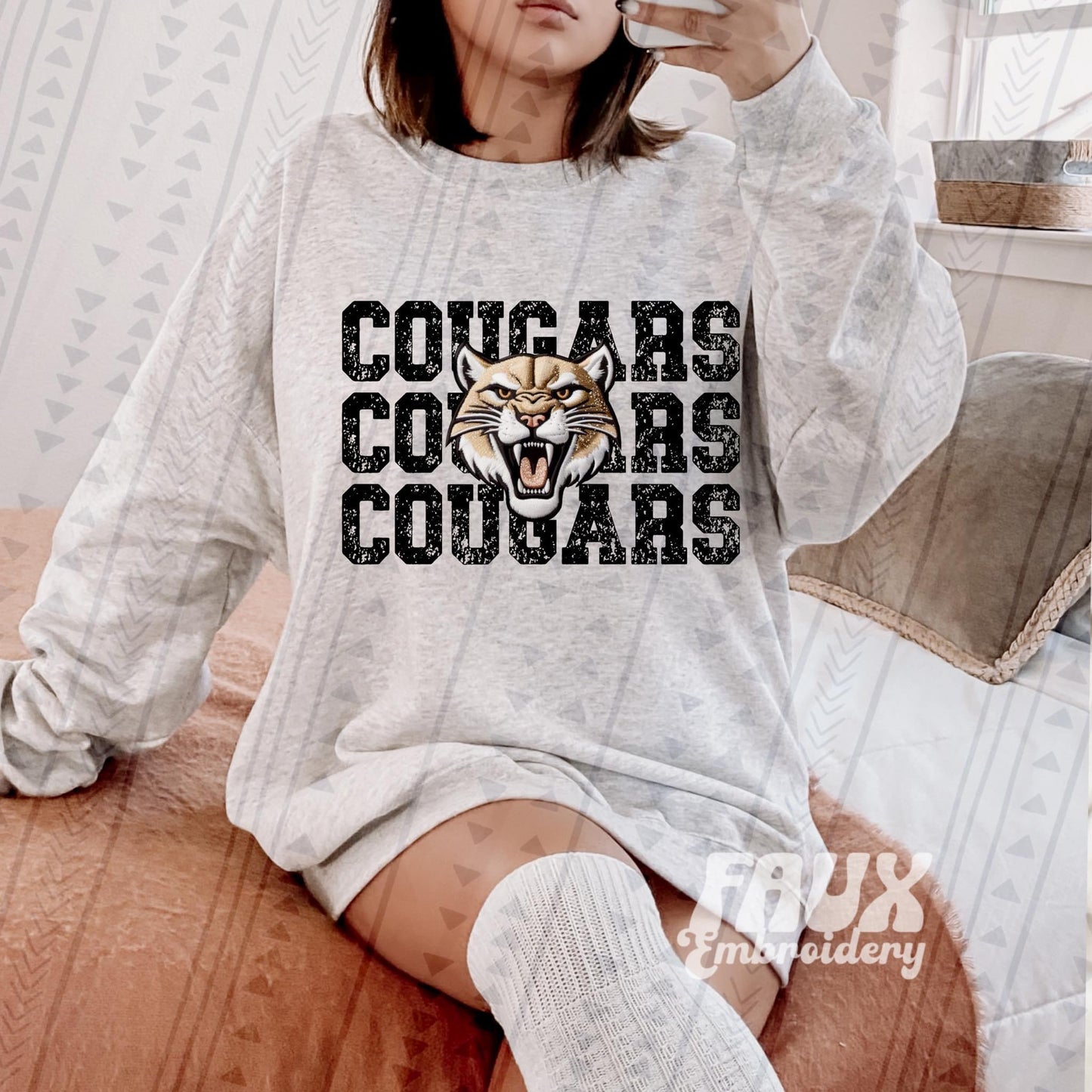 Cougars Stacked Faux Embroidery Blk - DTF