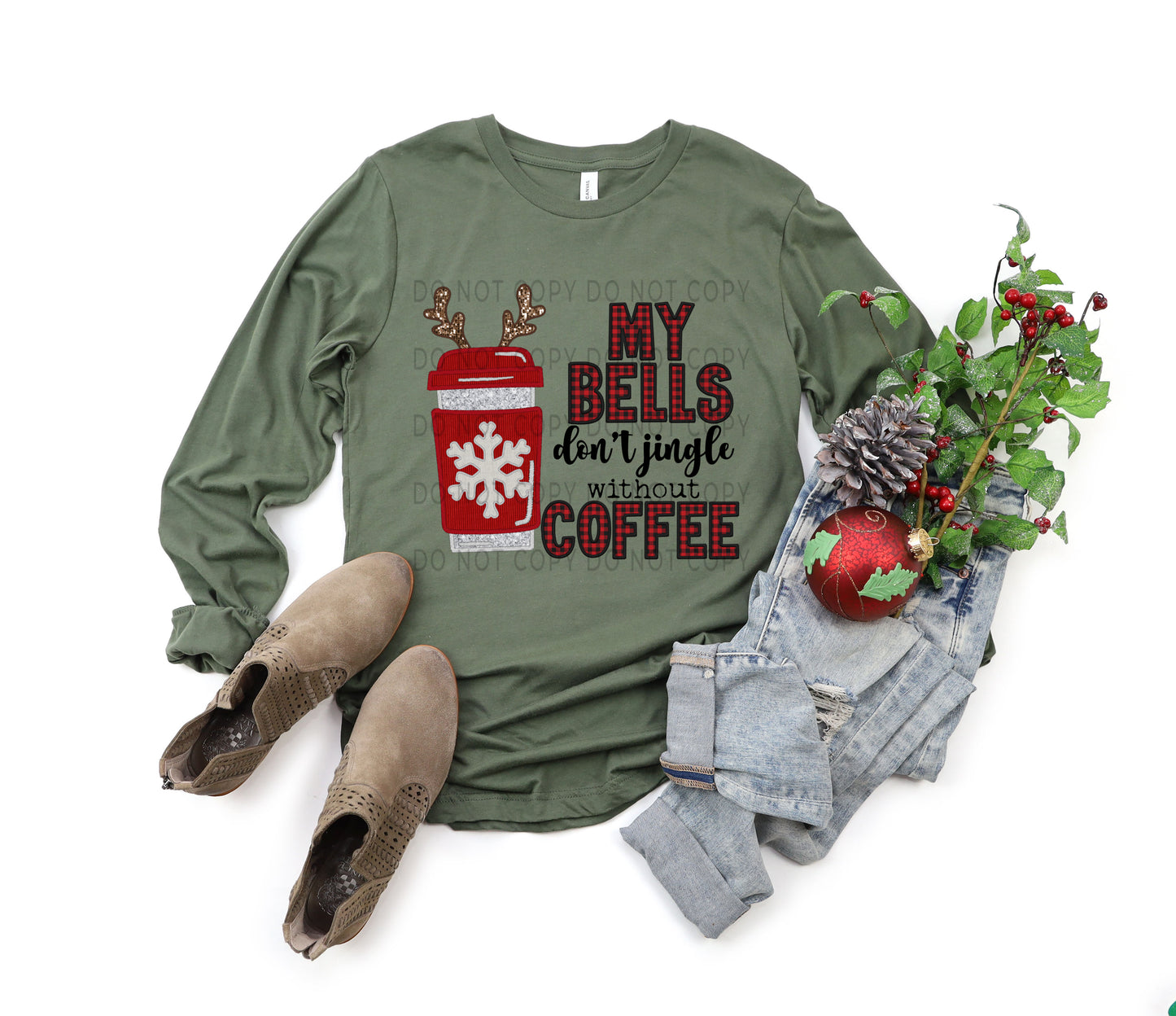 My Bells Don’t Jingle Without Coffee Buffalo Plaid Faux Embroidery Sequin - DTF