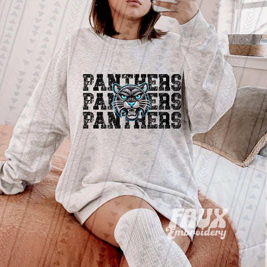 Panthers Stacked Faux Embroidery Blk - DTF