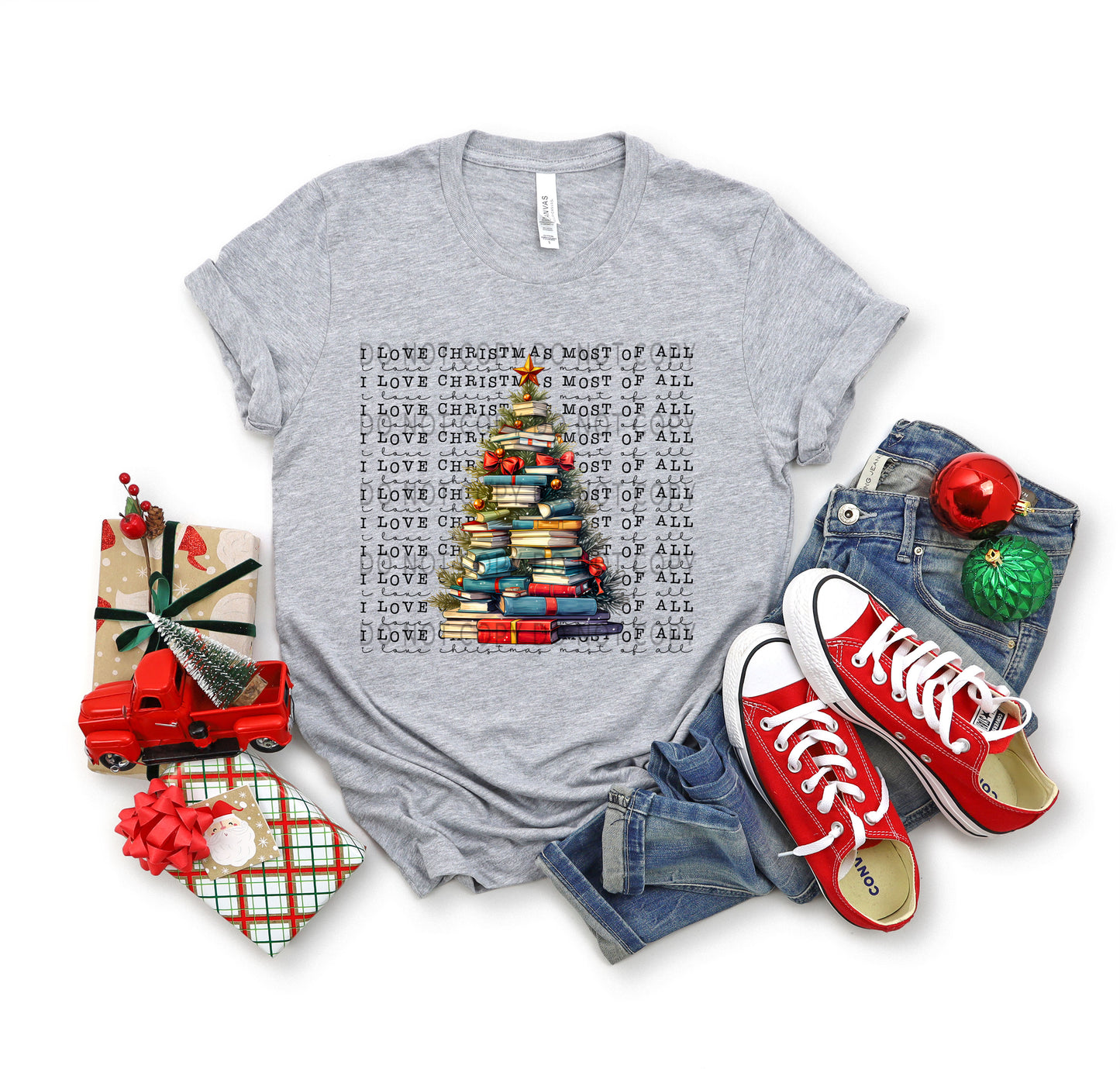 I Love Christmas Most Of All Multiple Stacked Books Tree -DTF
