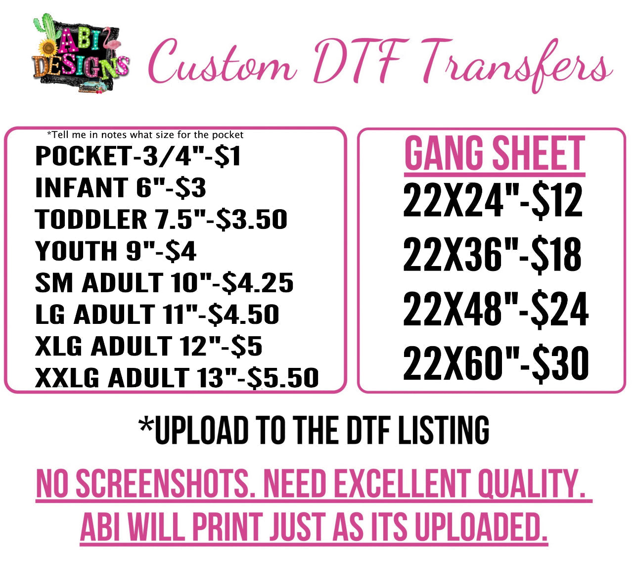 CUSTOM DTF- GANG SHEETS(You submit YOUR Gang that is to be print ready)