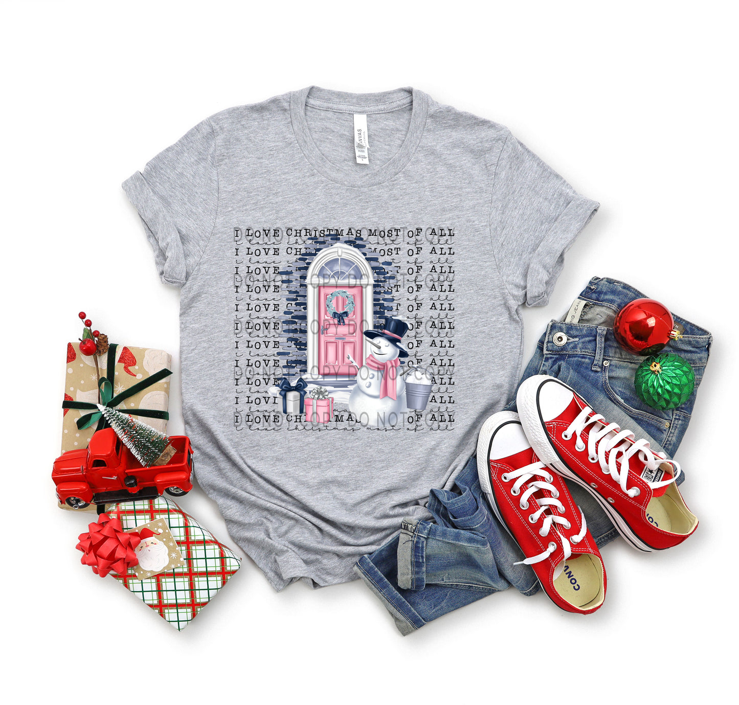 I Love Christmas Most Of All Snowman And Pink Door -DTF