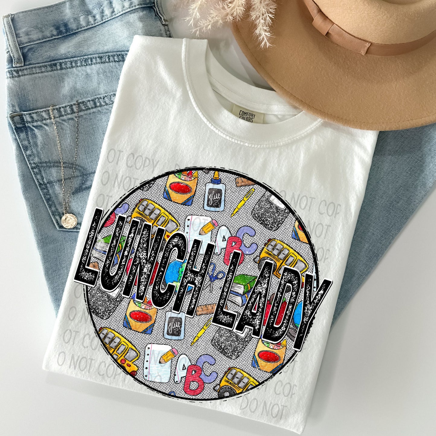 Lunch Lady Distressed Circle With School Bus And Crayons - DTF