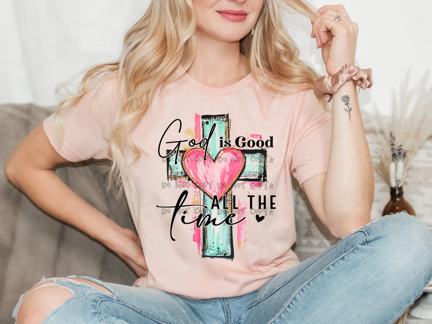 God is good all the time teal cross with heart-DTF