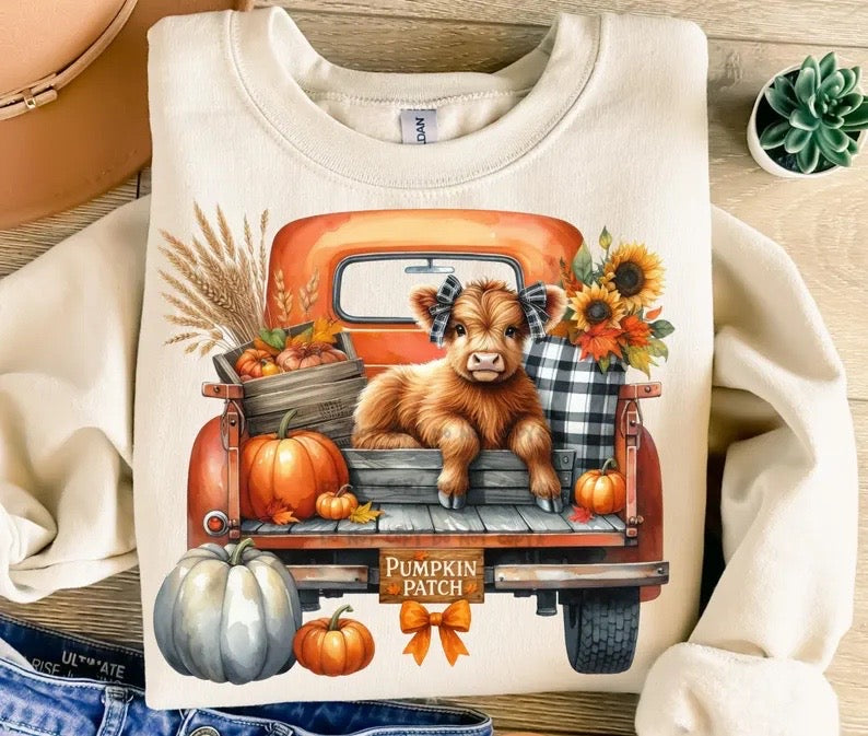 Fall pumpkin patch truck with cow-DTF&UV