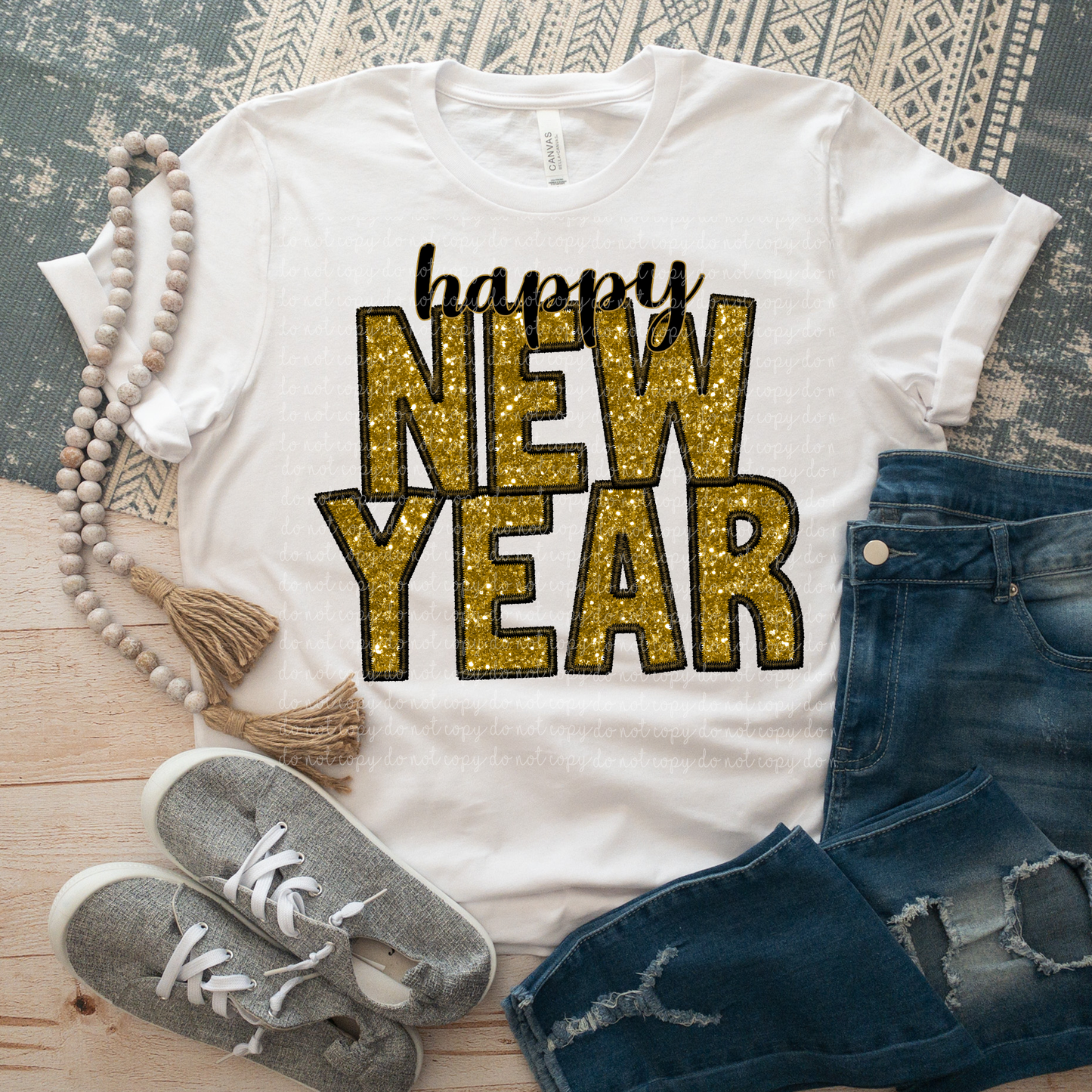 Happy New Year Gold Faux Embroidery Sequin DTF