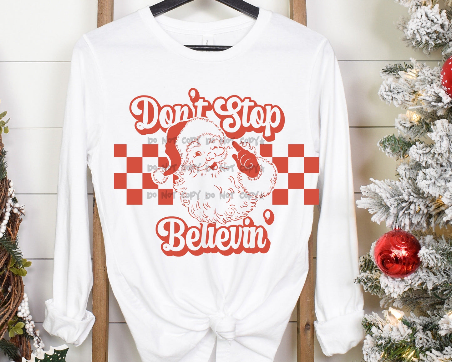 Don’t stop believin’ red checkered Santa-DTF