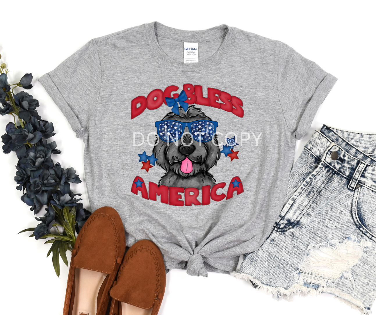Dog Bless America Black Doodle-DTF