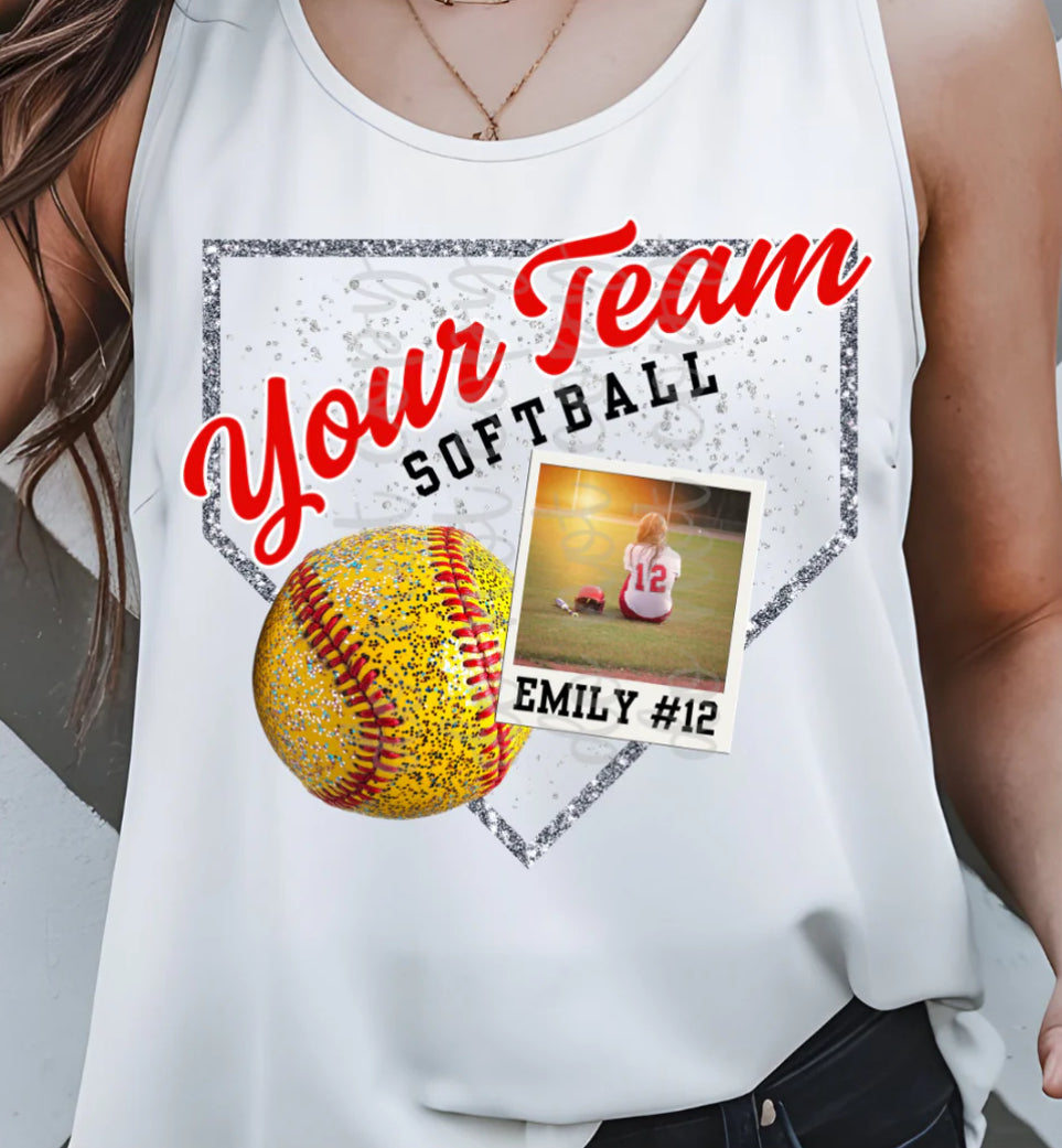 Custom Team Softball Faux Glitter Polaroid Pic- DTF