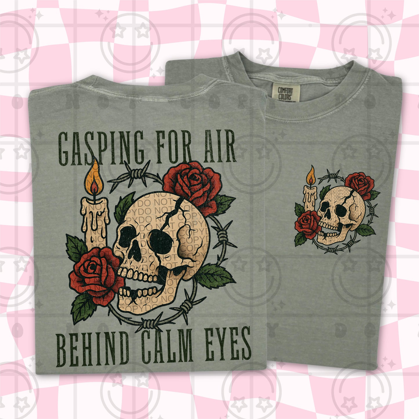 GASPING FOR AIR BEHIND CALM EYES (Includes front and back)- DTF&UV