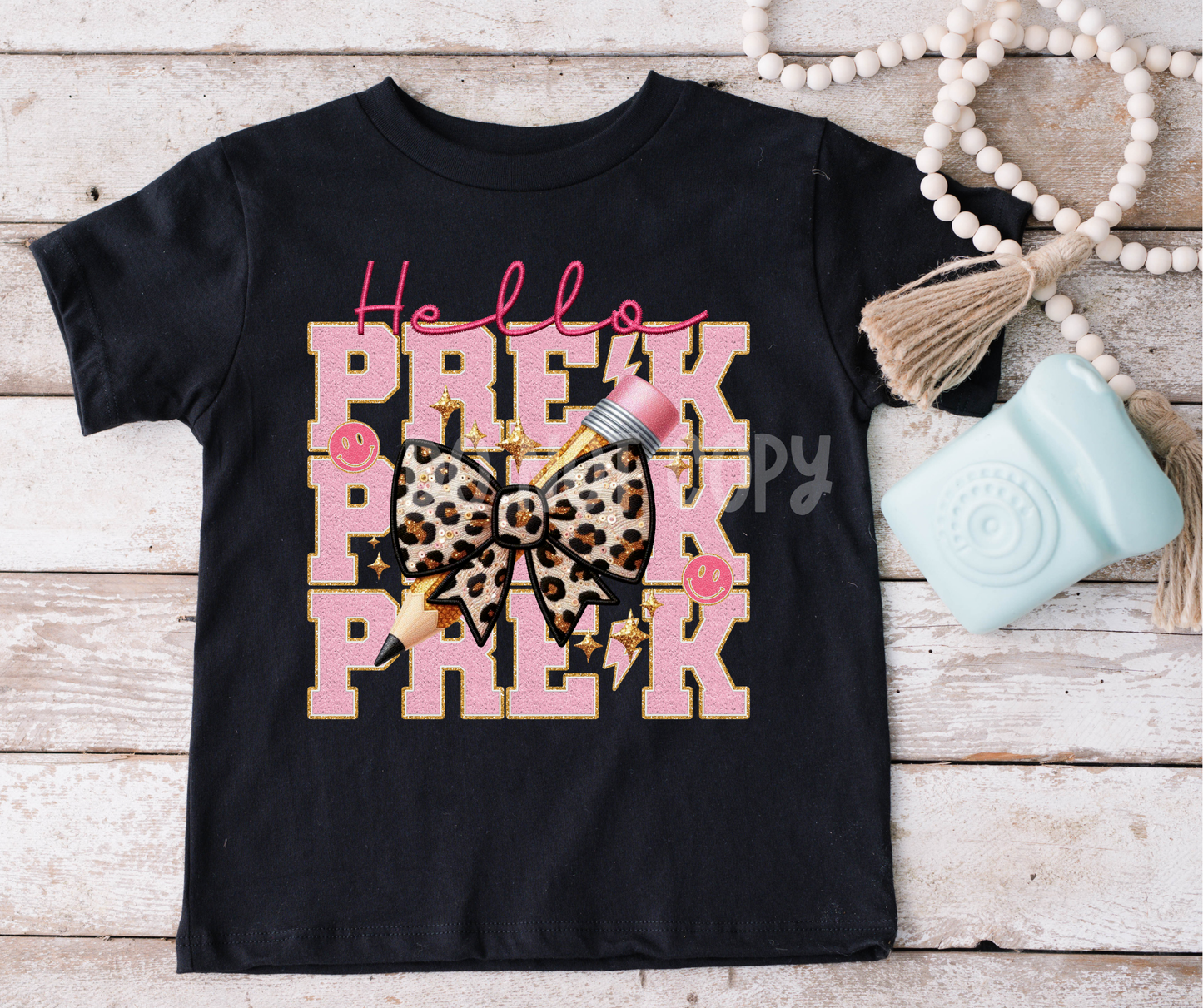 Hello Pre K pencil leopard bow-DTF
