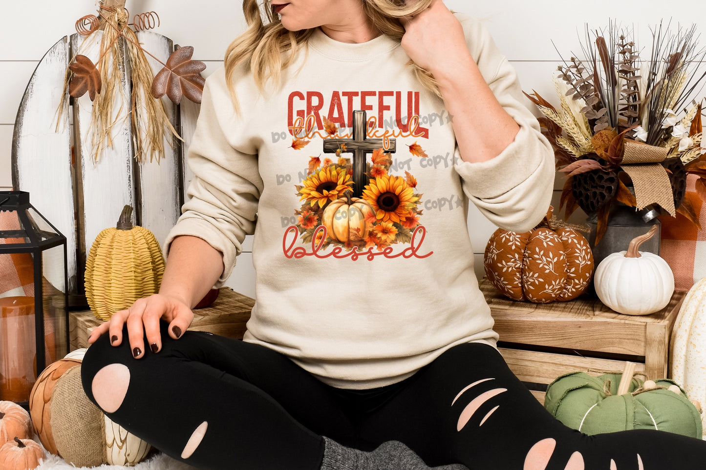 Grateful thankful blessed cross fall - DTF