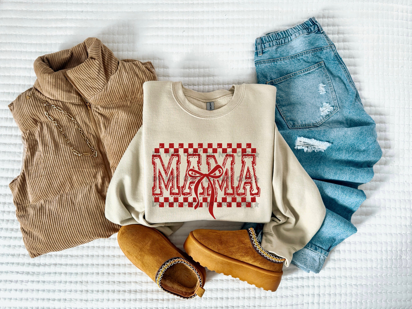 Mama checkered border with red bow-DTF