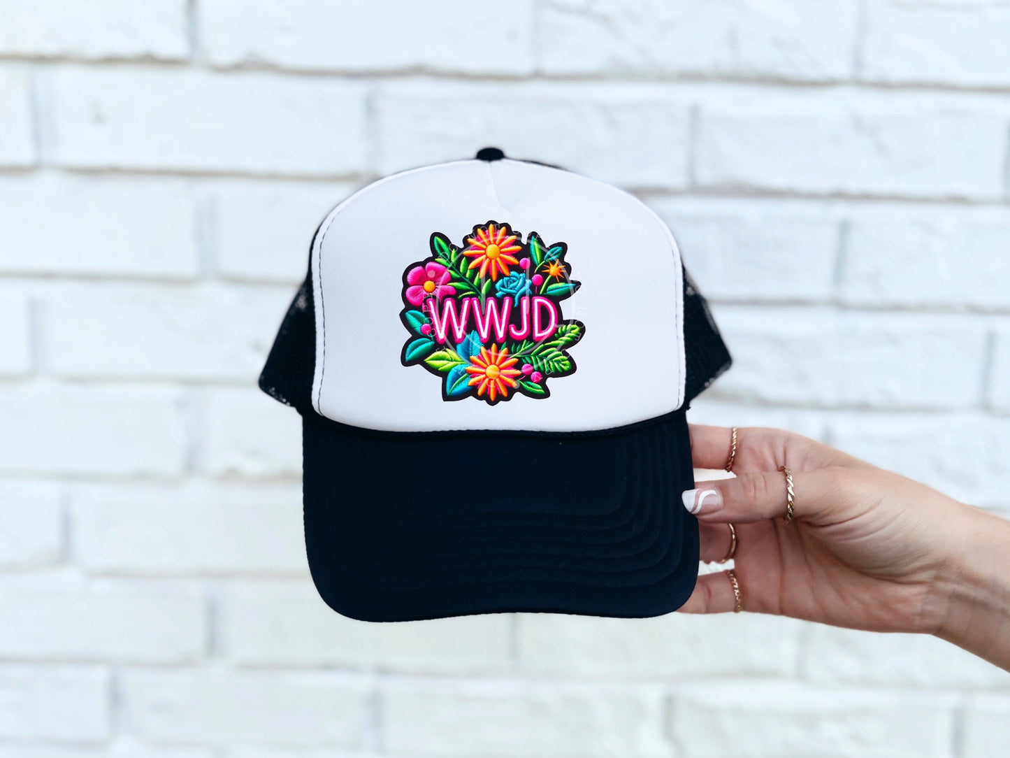 WWJD Neon Floral Faux Hat Patch - DTF