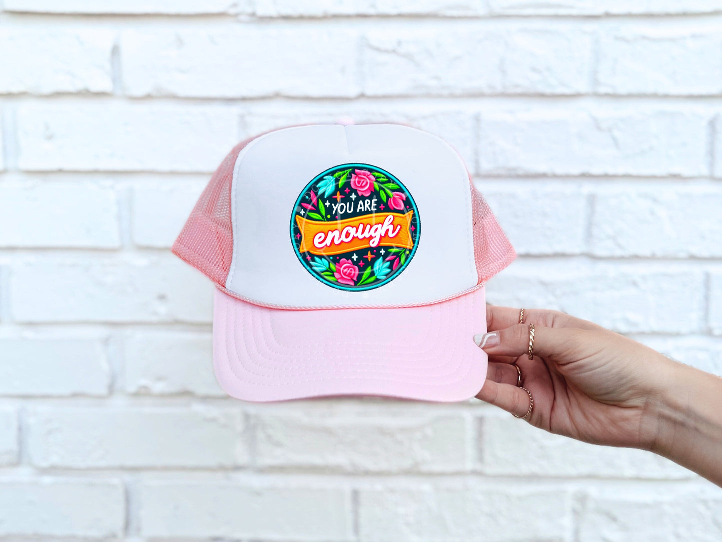 You Are Enough Floral Circle Faux Hat Patch - DTF