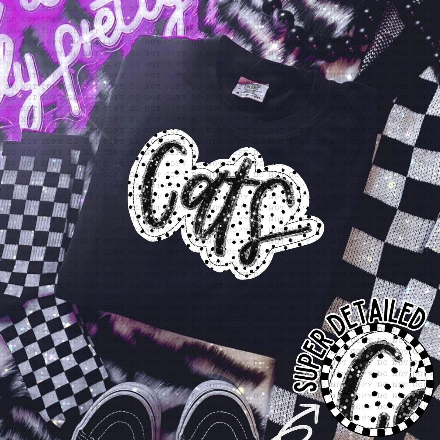 Cats Black And White Polka Dot Faux Stitch - DTF