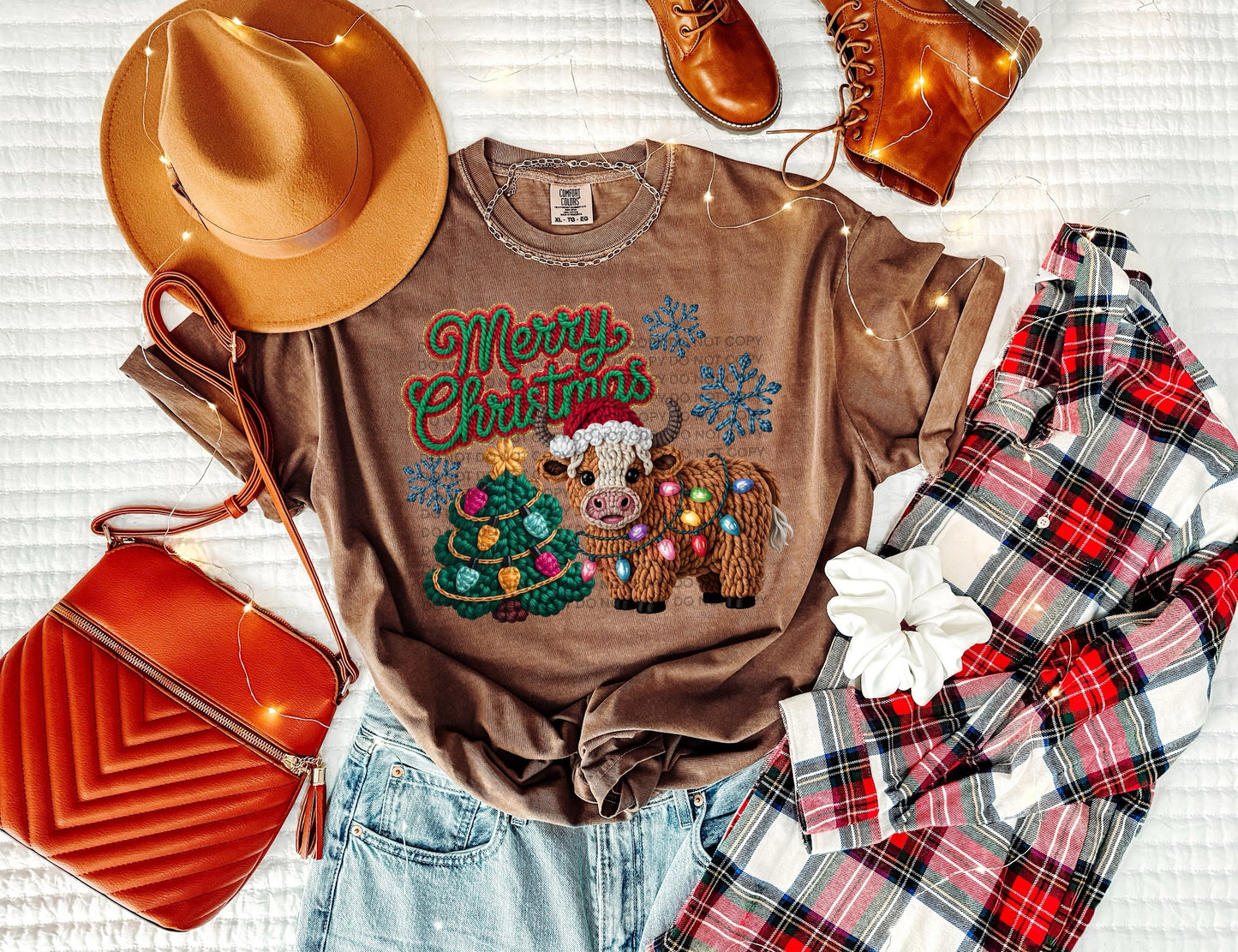 Merry Christmas Highland Cow lights faux yarn-DTF&UV