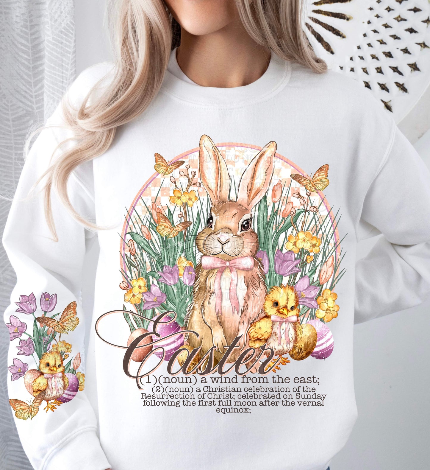 Easter Noun Bunny And Chick With Pink Bow (FRONT OF SHIRT & SLEEVE COMBO)-DTF