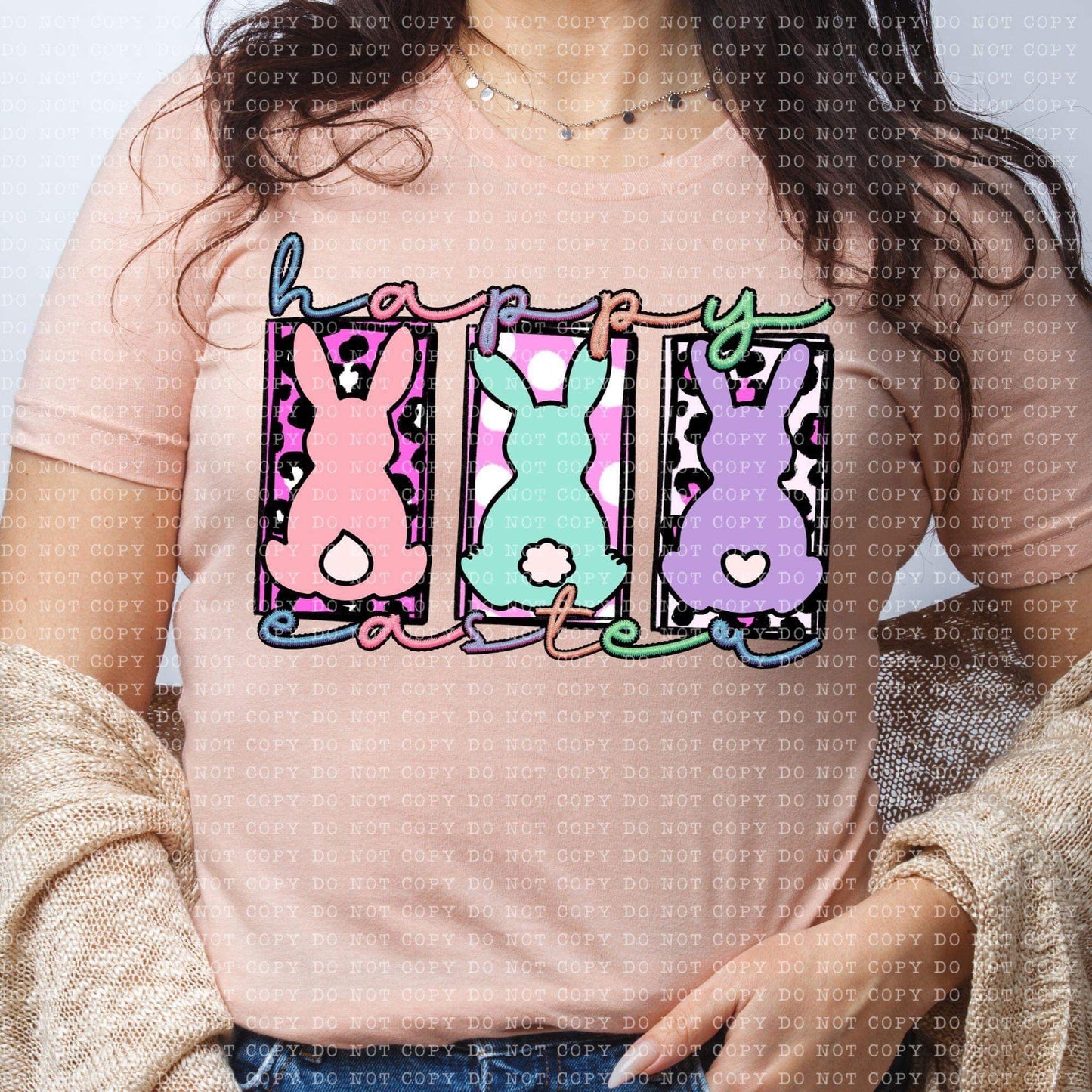 Happy Easter Faux Embroidery Bunny Trio - DTF
