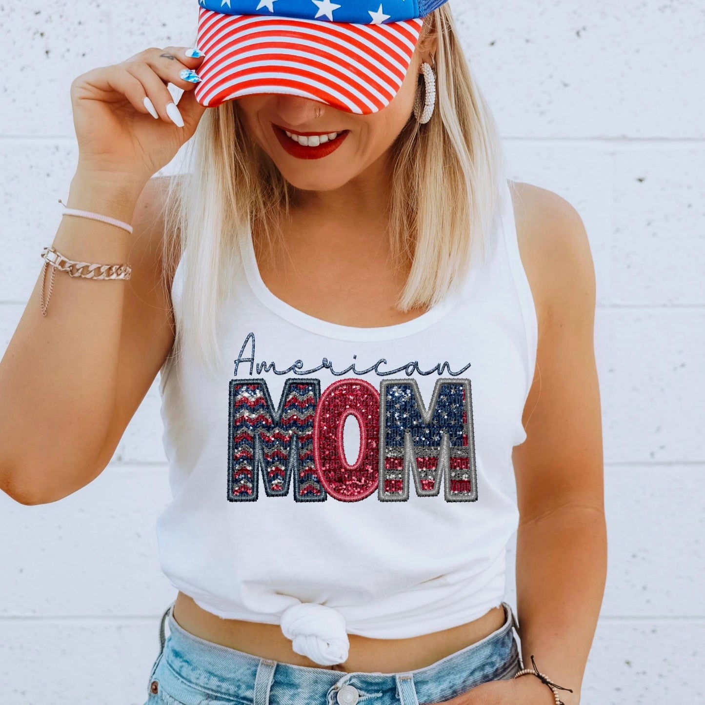 American Mom Faux Embroidery Sequin Flag - DTF