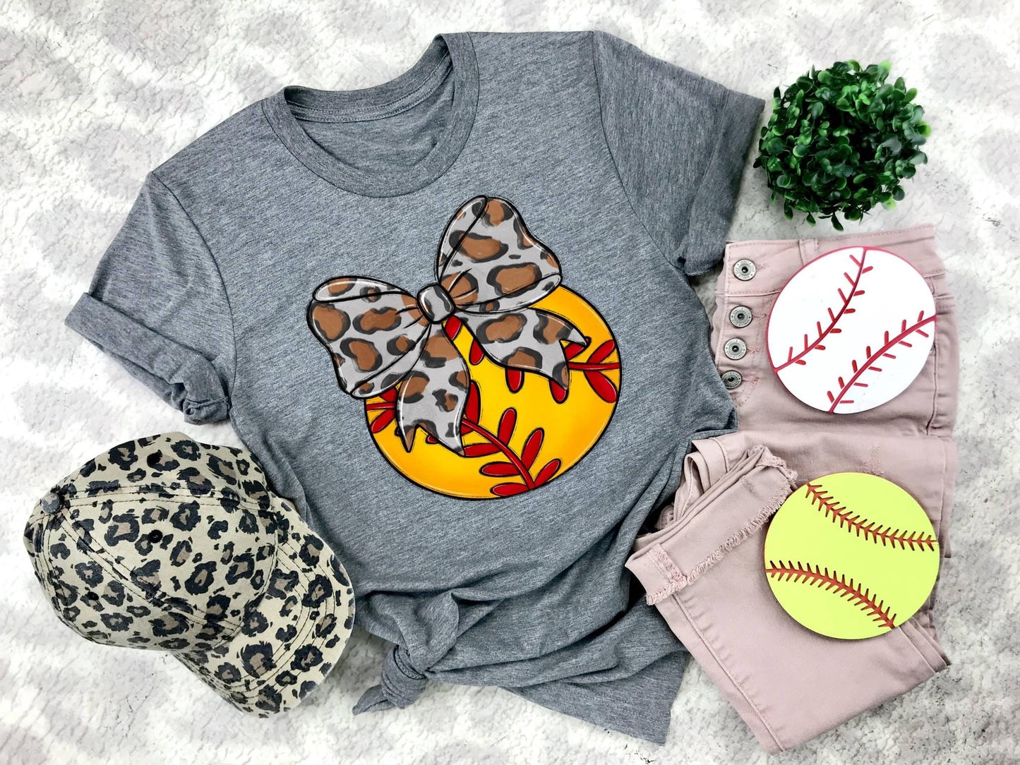 Softball Gray Leopard Bow - DTF