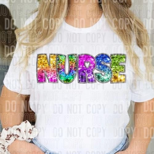 Nurse Faux Embroidery Rainbow Sequin -DTF