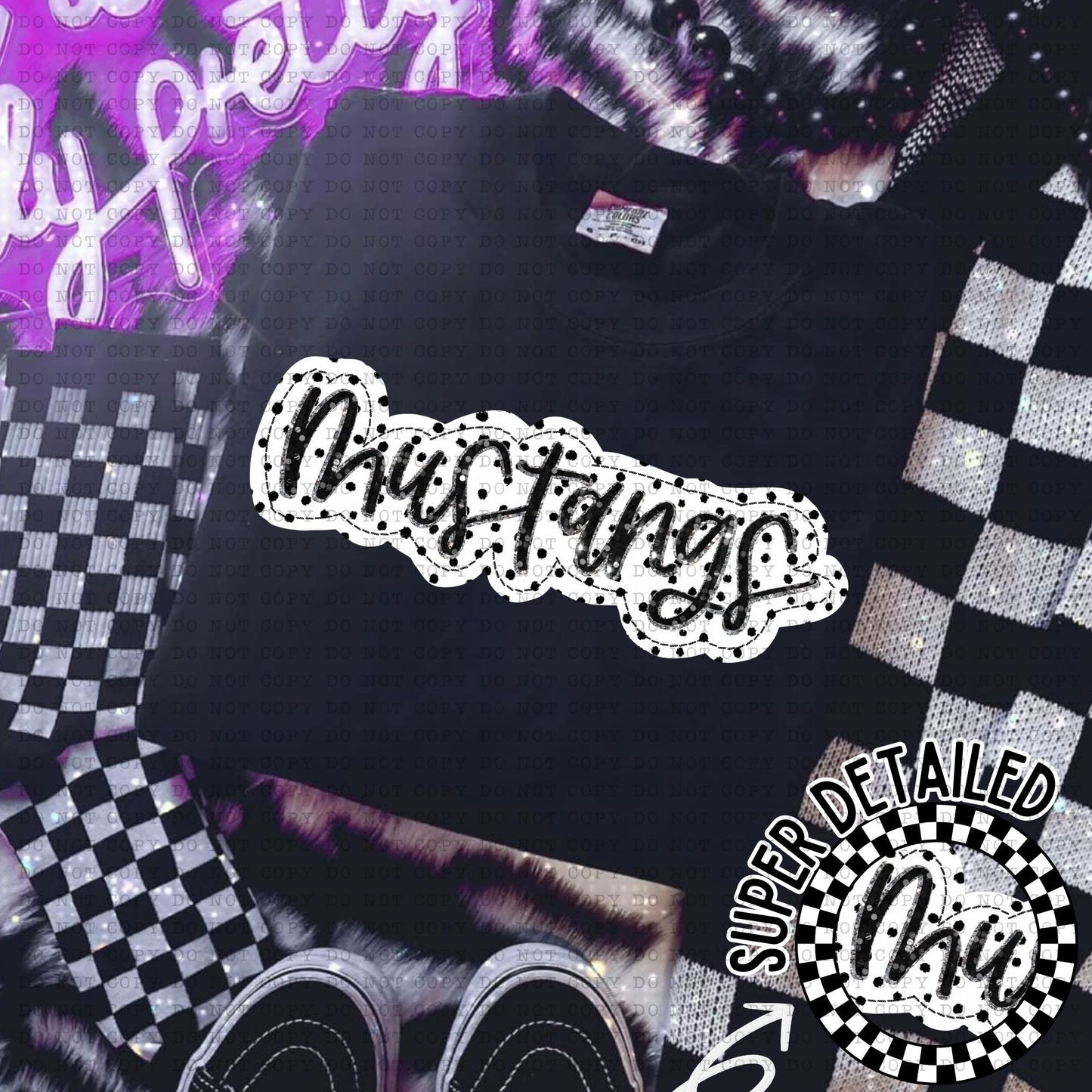 Mustangs Black And White Polka Dot Faux Stitch - DTF