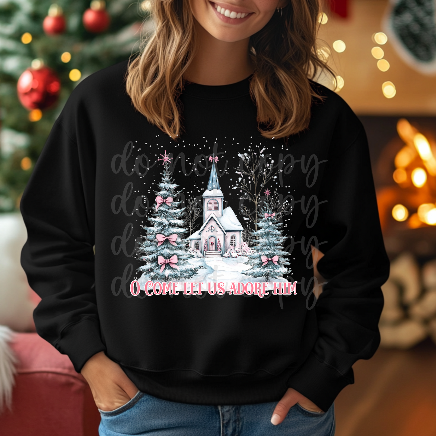 O Come Let Us Adore Him Pink church bows tree-dtf