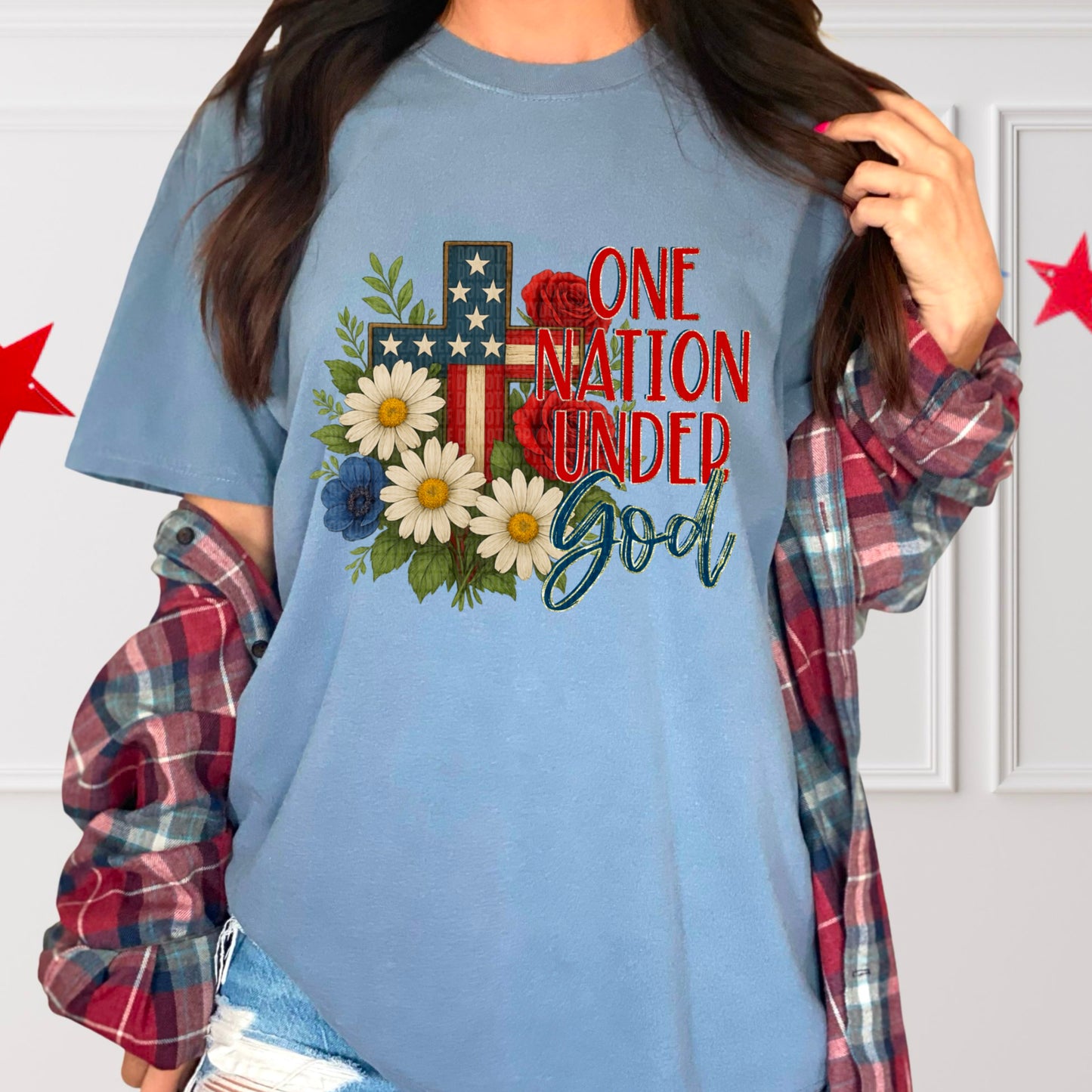 One Nation Under god floral cross-DTF&UV
