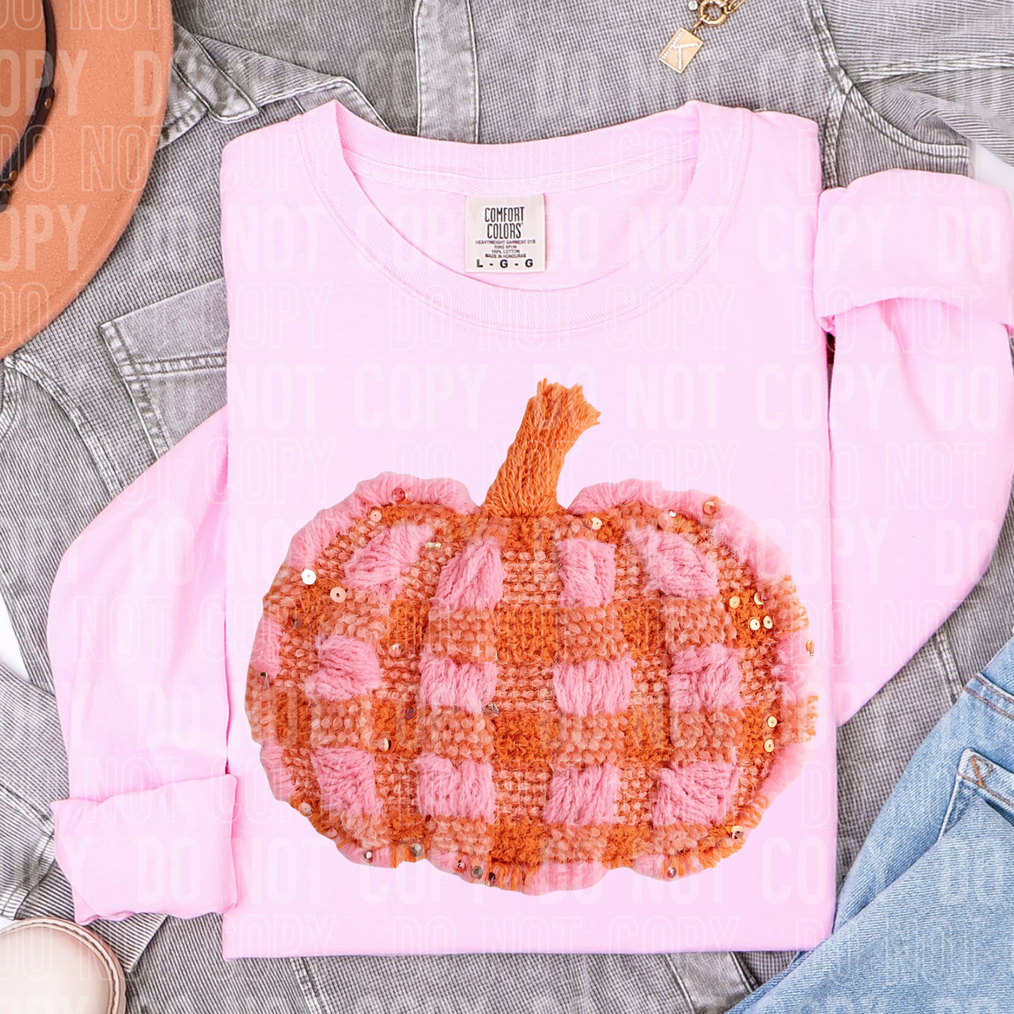 PINK AND ORANGE PLAID PUMPKIN FAUX YARN -DTF&UV