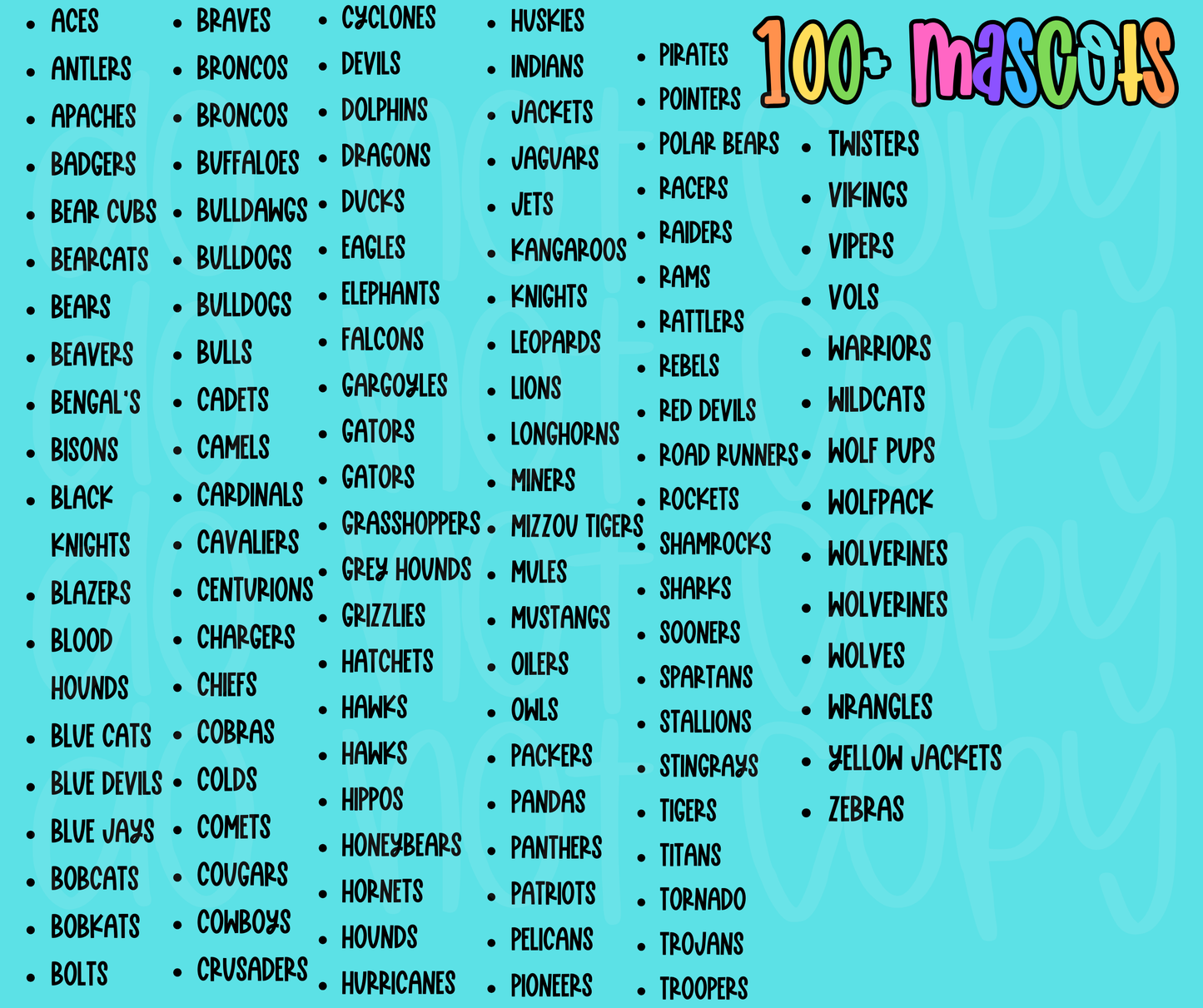 Mascots (ALL 105 MASCOTS in this listing)-DTF