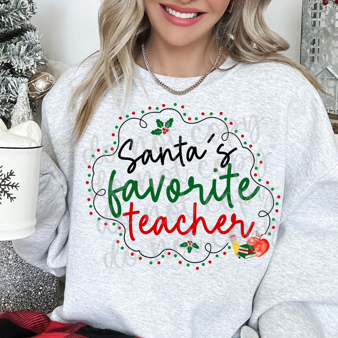 Santa's FAVORITE TEACHER apple pencil dots-DTF
