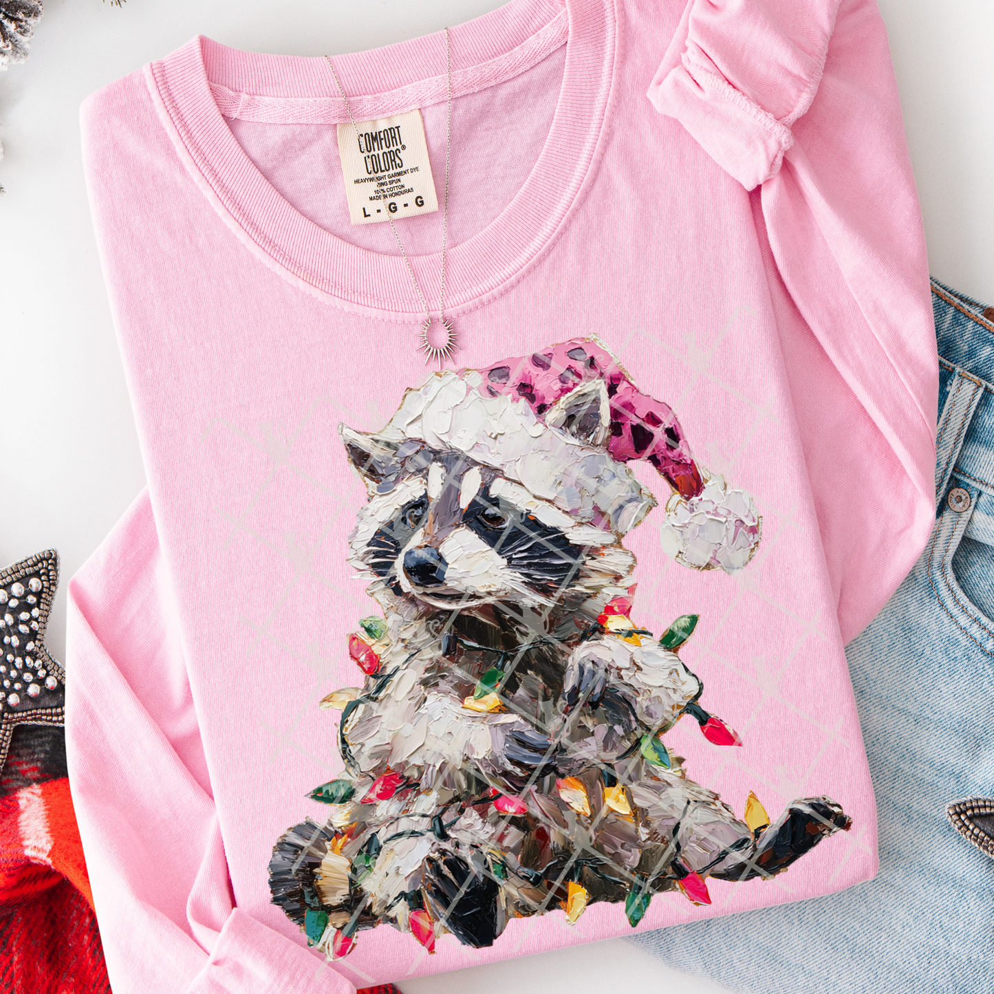 hand painted christmas feral raccoon -DTF&UV