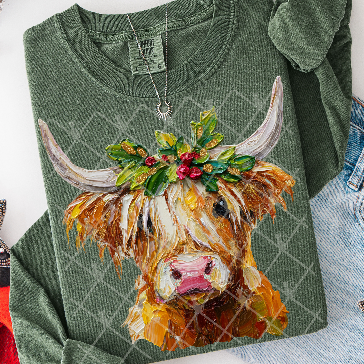 hand painted christmas highland cow -DTF&UV