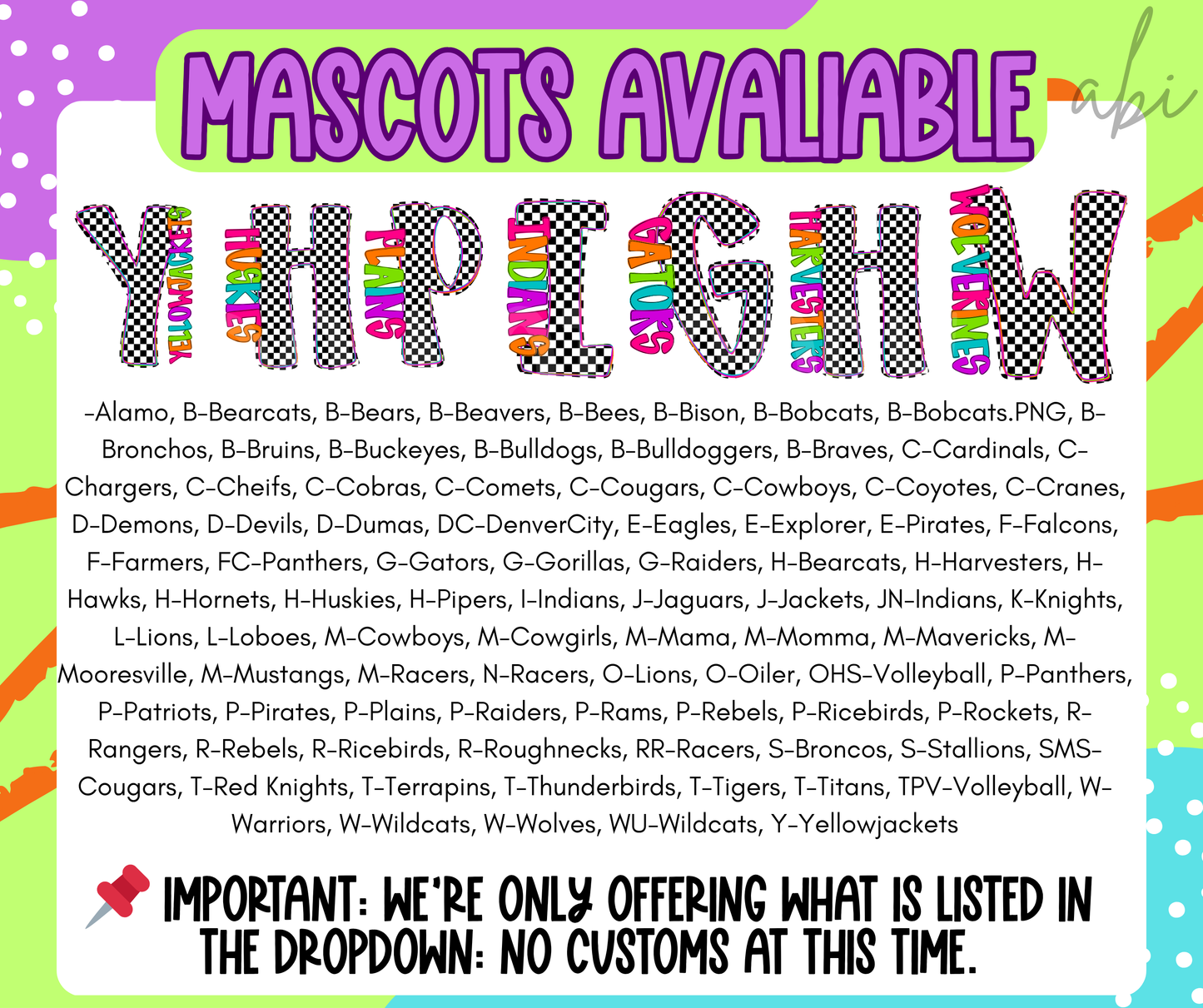 Neon Checkered Letter with Mascot Name (Dropdown)-DTF&UV